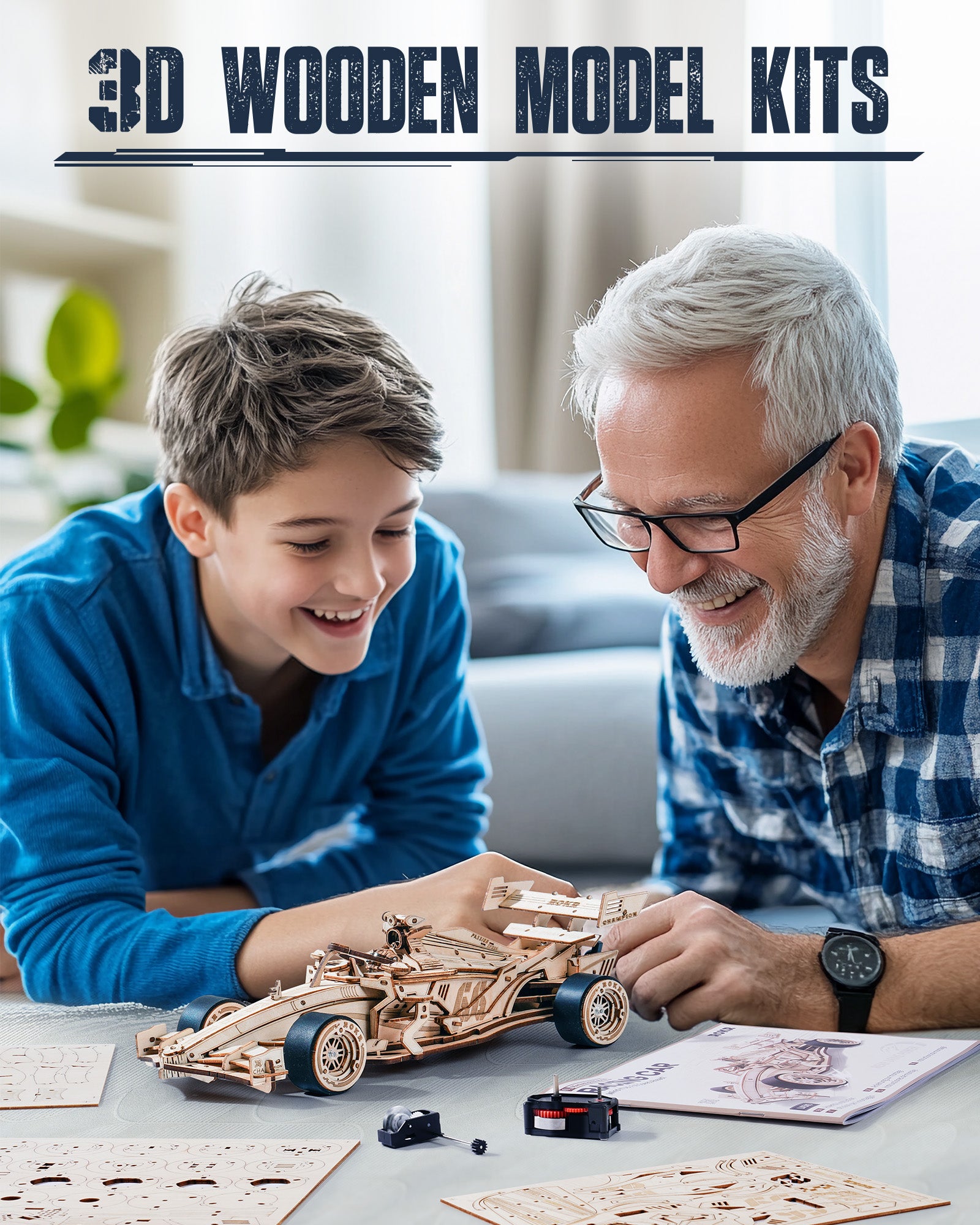 ROBOTIME 3D Wooden Puzzle Racing Car Model Kits With Mechanical Roaring Engine