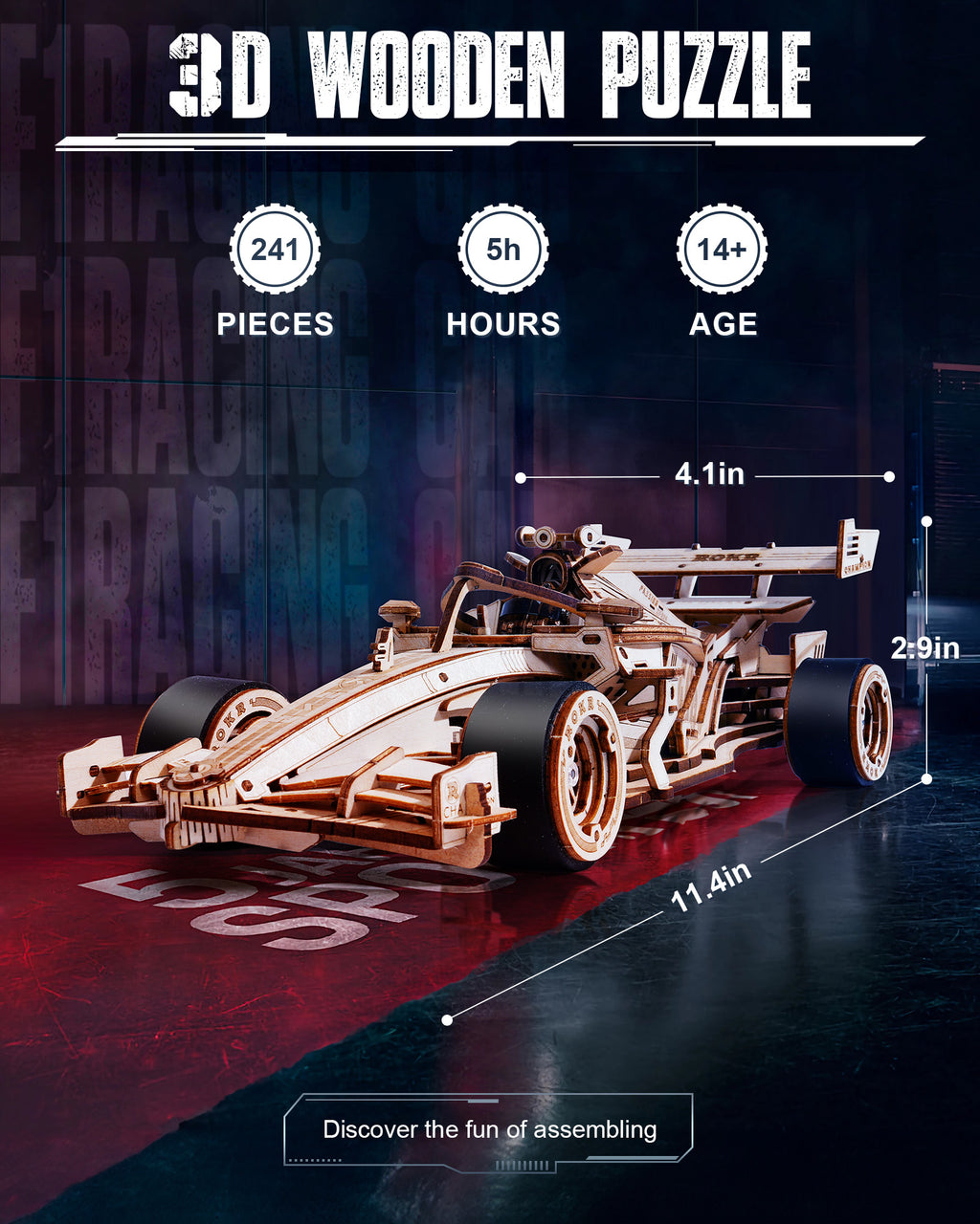 ROBOTIME 3D Wooden Puzzle Racing Car Model Kits With Mechanical Roaring Engine