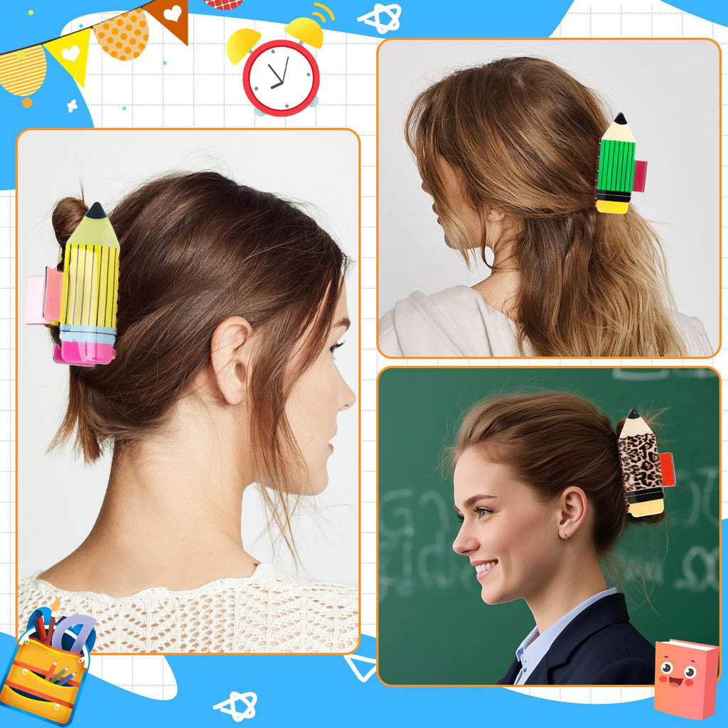 4Pcs Pencil Hair Clips Back To School Hair Accessories For Women Sunflower Leopard Stripe Hair Claw Clips Non Slip Hairpin For Thick Thin Hair School Opens Season Teachers Outfit Decor Clearance