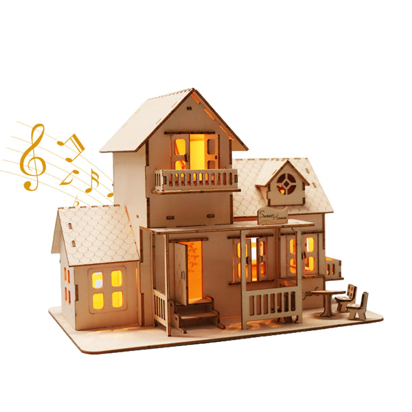 3D Wooden Puzzle Home Music Box Hands Craft Miniature Dollhouse Kits 3D Model Diy House Building With LED Night Lights Gifts For Christmas