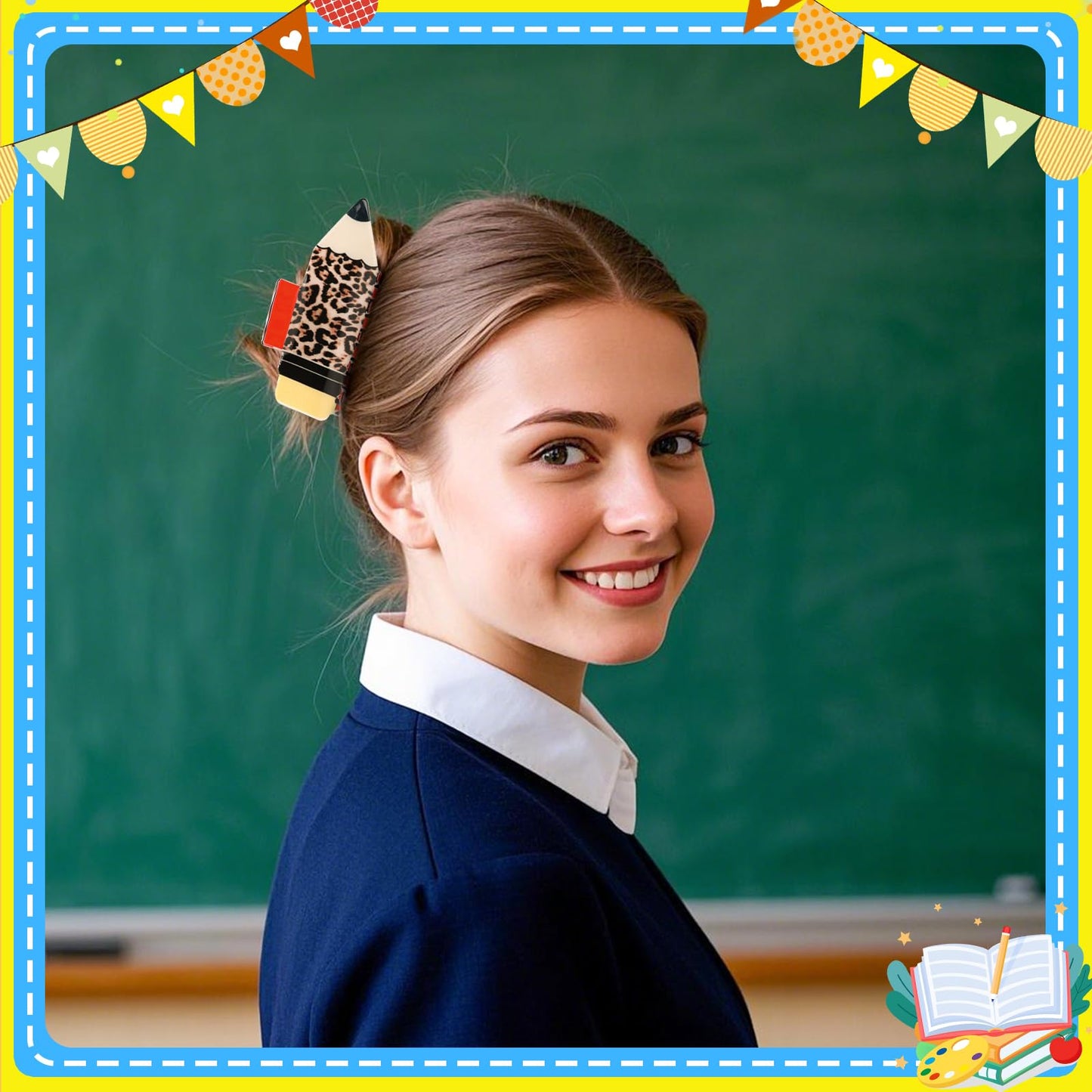 4Pcs Pencil Hair Clips Back To School Hair Accessories For Women Sunflower Leopard Stripe Hair Claw Clips Non Slip Hairpin For Thick Thin Hair School Opens Season Teachers Outfit Decor Clearance