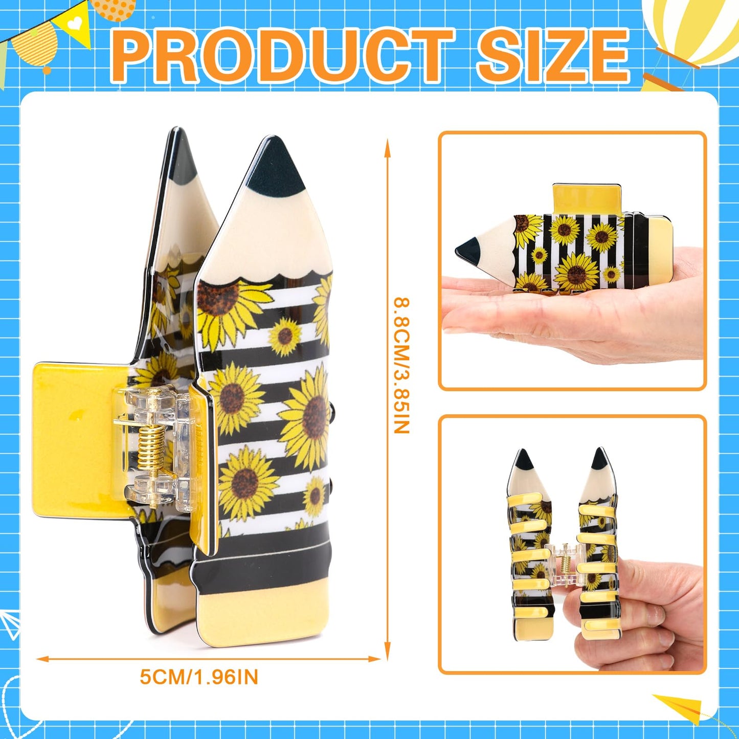 4Pcs Pencil Hair Clips Back To School Hair Accessories For Women Sunflower Leopard Stripe Hair Claw Clips Non Slip Hairpin For Thick Thin Hair School Opens Season Teachers Outfit Decor Clearance