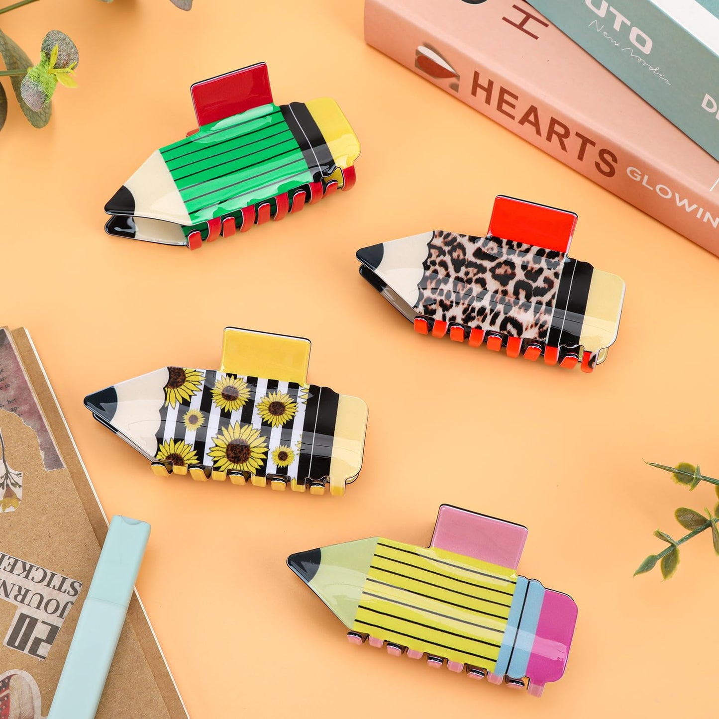 4Pcs Pencil Hair Clips Back To School Hair Accessories For Women Sunflower Leopard Stripe Hair Claw Clips Non Slip Hairpin For Thick Thin Hair School Opens Season Teachers Outfit Decor Clearance