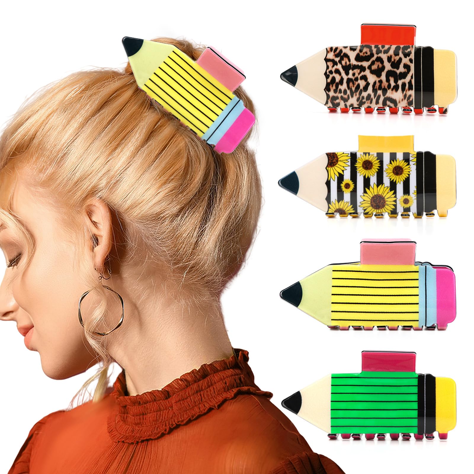4Pcs Pencil Hair Clips Back To School Hair Accessories For Women Sunflower Leopard Stripe Hair Claw Clips Non Slip Hairpin For Thick Thin Hair School Opens Season Teachers Outfit Decor Clearance